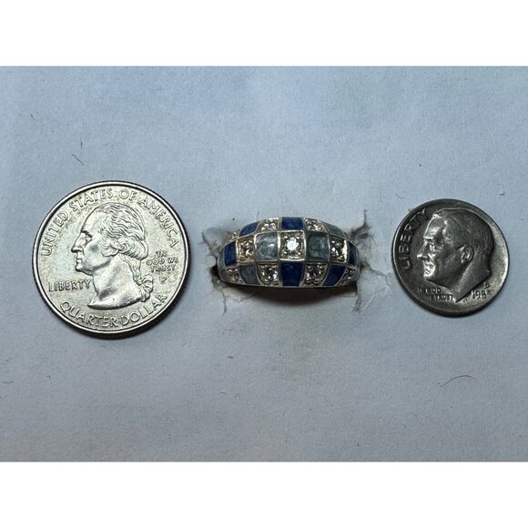 Estate Sterling Silver 925 Dome Ring Size 8 Blue Enamel & Clear Crystal Inlay - Picture 6 of 8